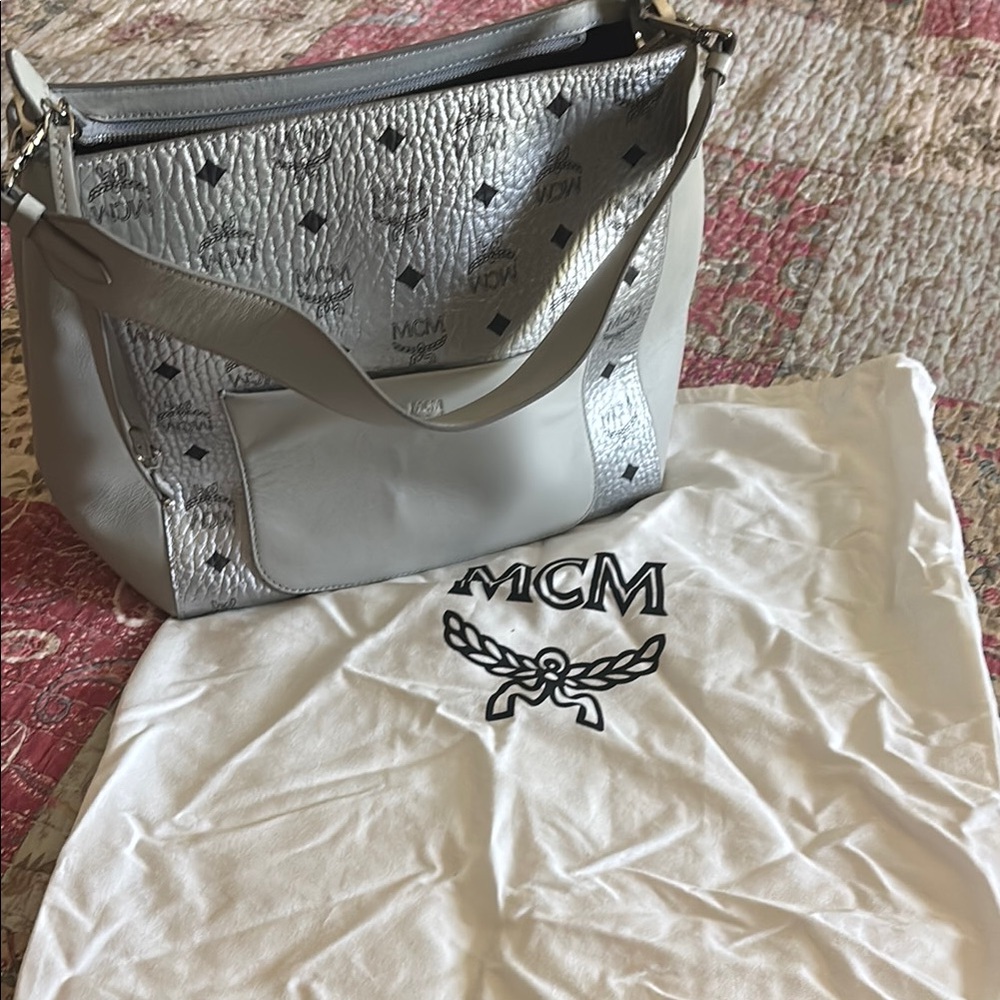 MCM Silver and Gray Shoulder Bag with Monogram and Studs